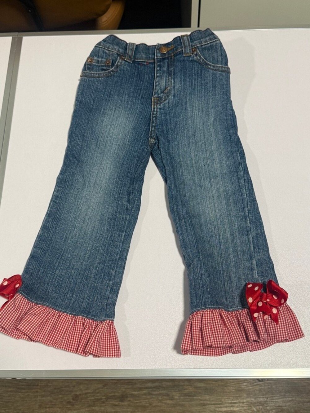 Levi Strauss Girls 3T Flare Jeans Gingham Ruffle Hem Bow Y2K Cowgirl